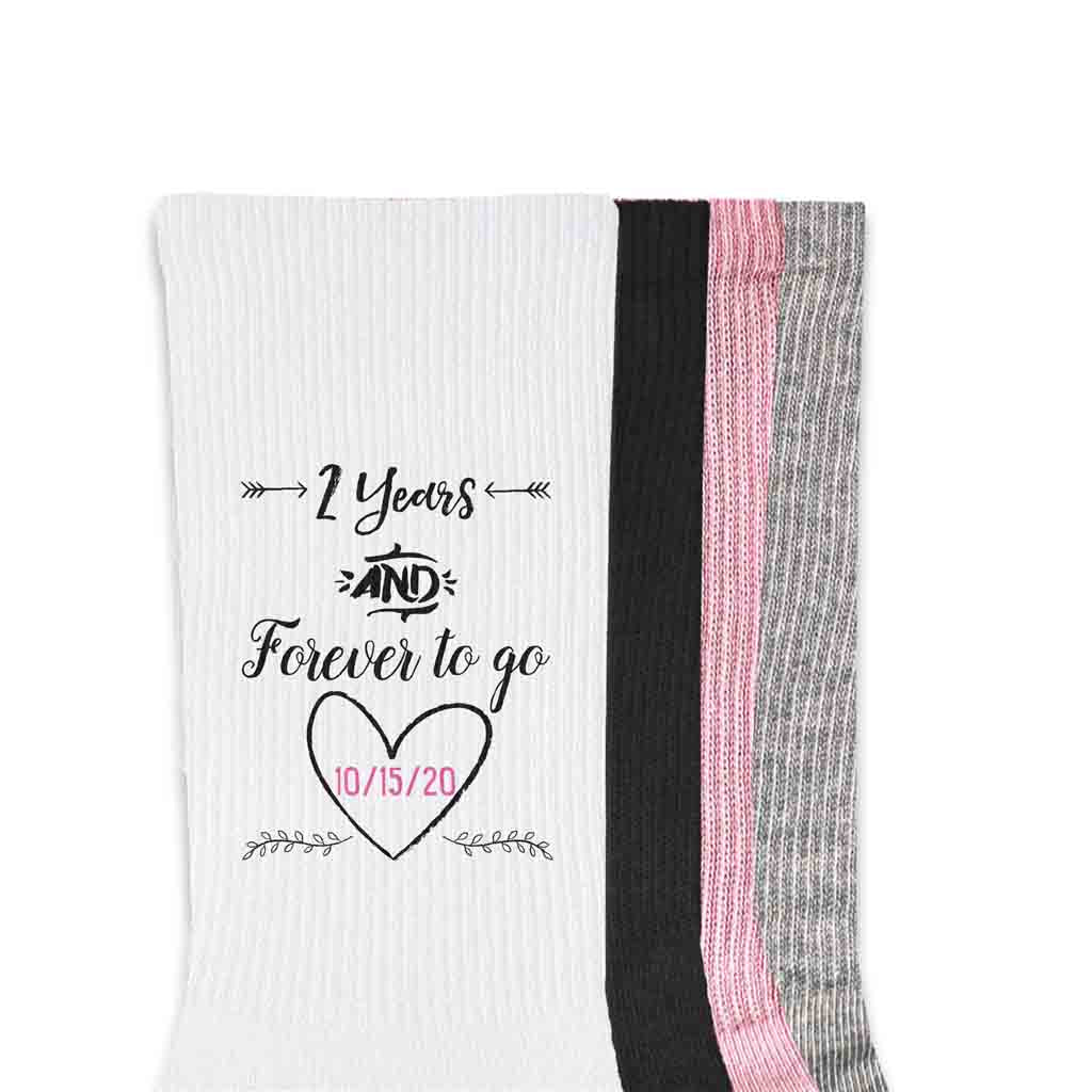 Two years down and forever to go custom printed on the sides of the ribbed knit crew socks with your wedding date.