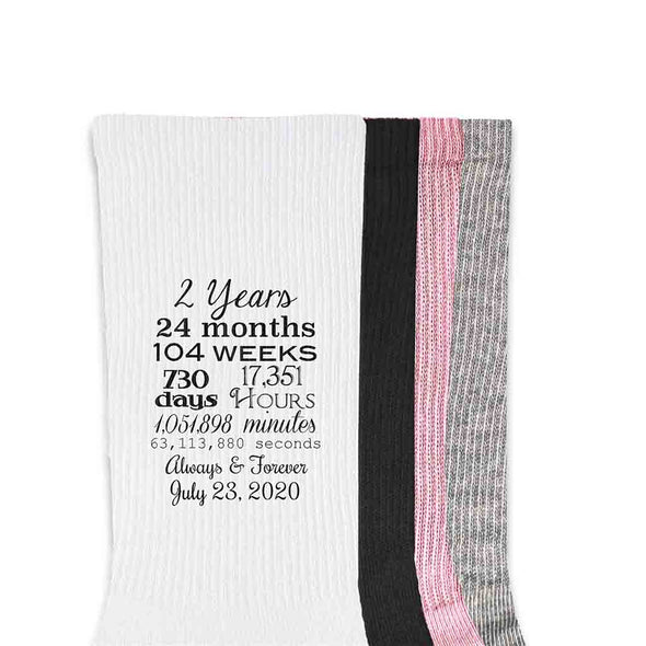 Two year anniversary digitally printed with the timeline and your wedding date on the side of cotton crew socks.