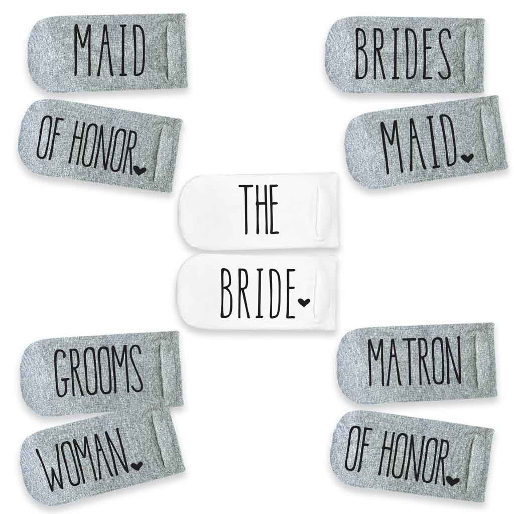 Wedding party bridal party socks digitally printed wedding roles on the bottom of the socks.