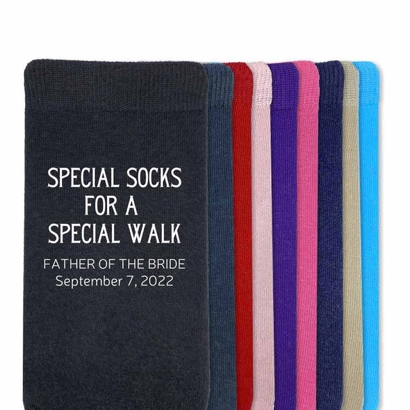 Personalized with your wedding date and custom printed with Special socks for a special walk are these father of the bride wedding day custom printed socks.