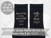 Special socks for a special walk digitally printed on the side of the socks personalized with your wedding date and father of the bride.