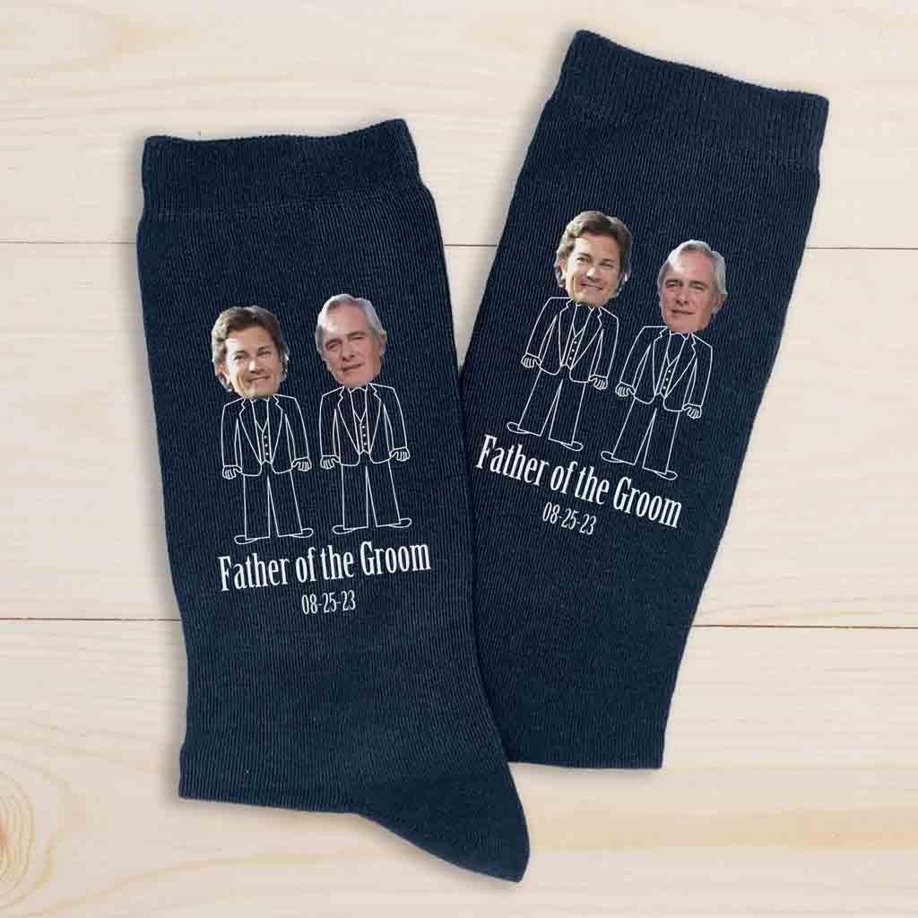 Father of the groom custom printed dress socks personalized with photos and date.