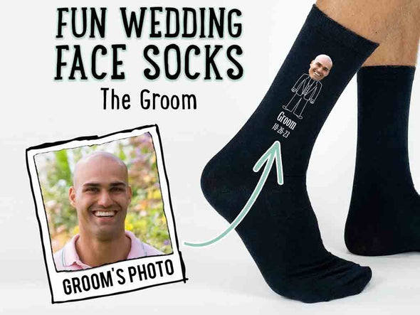 Custom printed photo socks with groom face and date.