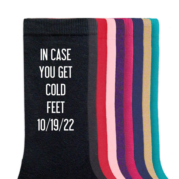 In case you get cold feet custom printed with your wedding date on flat knit dress socks.