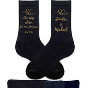 One step closer to our forever with heart design and personalized with your names and wedding date digitally printed on flat knit dress socks.