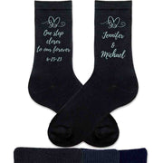 One step closer to our forever with heart design and personalized with your names and wedding date digitally printed on flat knit dress socks.