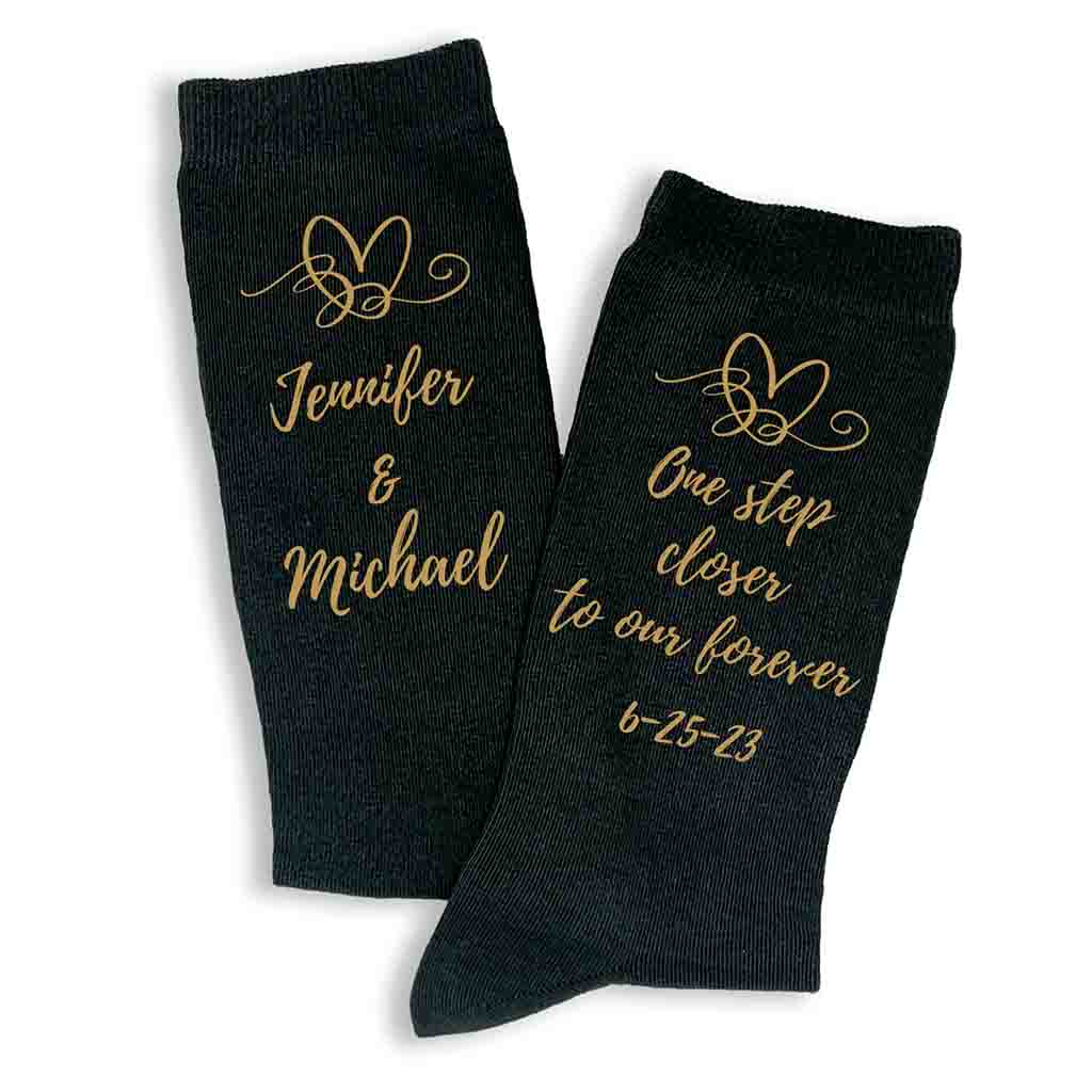 One step closer to our forever with heart design and personalized with your names and wedding date digitally printed on flat knit dress socks.