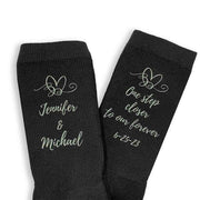 One step closer to our forever with heart design and personalized with your names and wedding date digitally printed on flat knit dress socks.