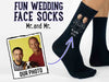 Custom printed and personalized with Mr. and Mr. your photo faces cropped into the image and printed on the side of the flat knit dress socks.