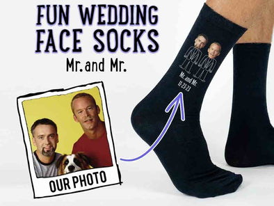 Custom printed and personalized with Mr. and Mr. your photo faces cropped into the image and printed on the side of the flat knit dress socks.