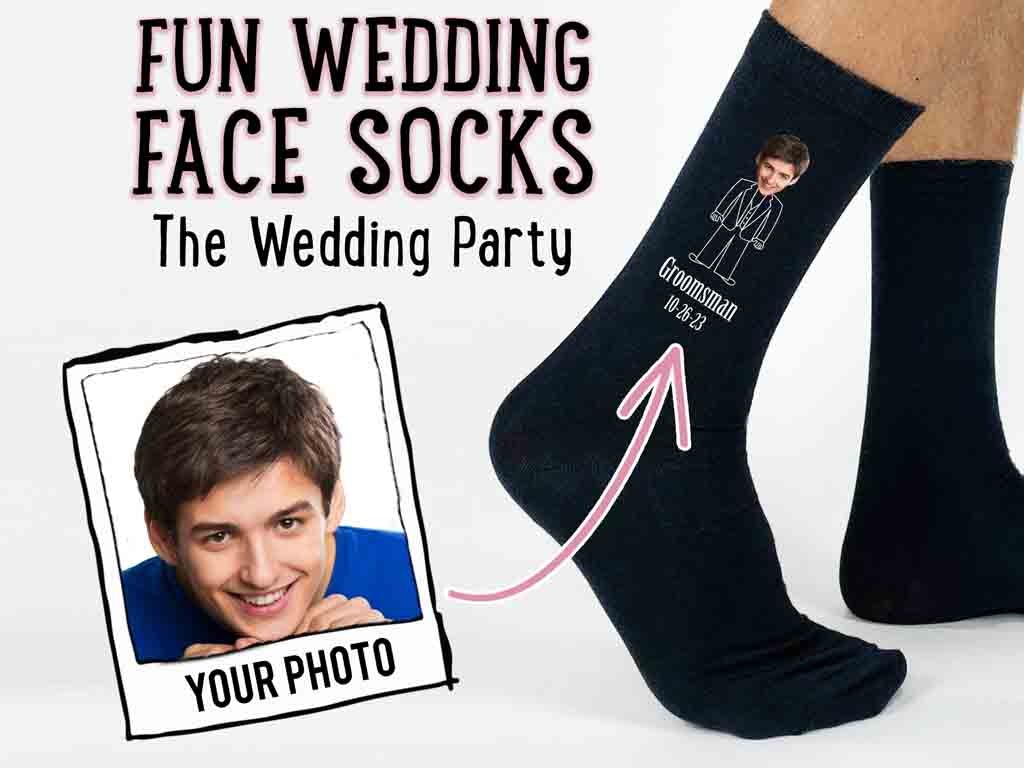 Custom photo socks with photos of the wedding party.