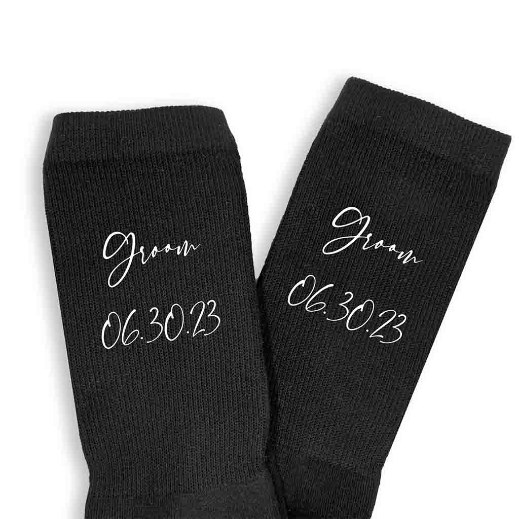 Custom printed wedding role and wedding date digitally printed on the side of the socks.