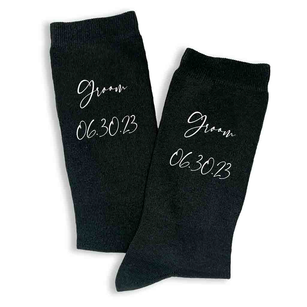 Custom printed wedding role and wedding date digitally printed on the side of the socks.