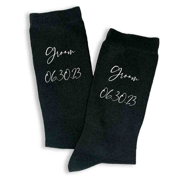 Custom printed wedding role and wedding date digitally printed on the side of the socks.