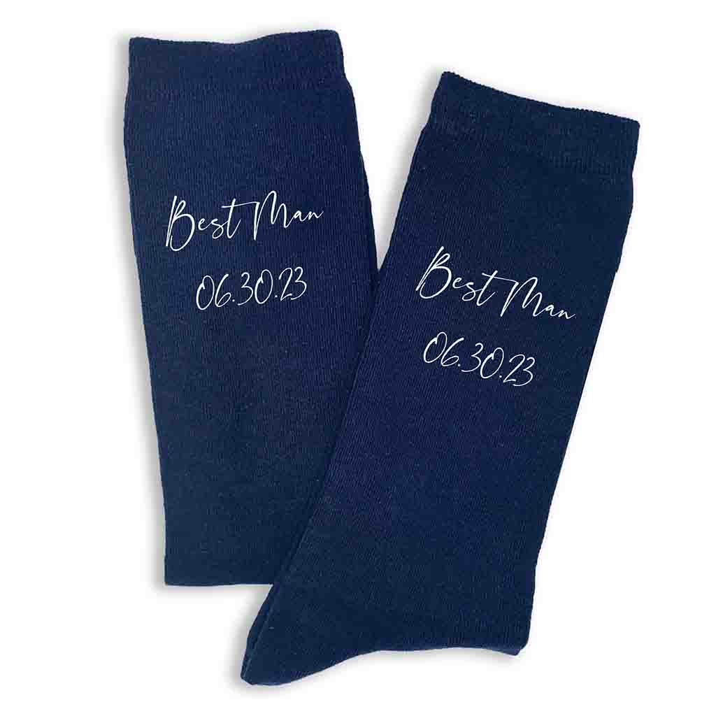 Custom printed wedding role and wedding date digitally printed on the side of the socks.