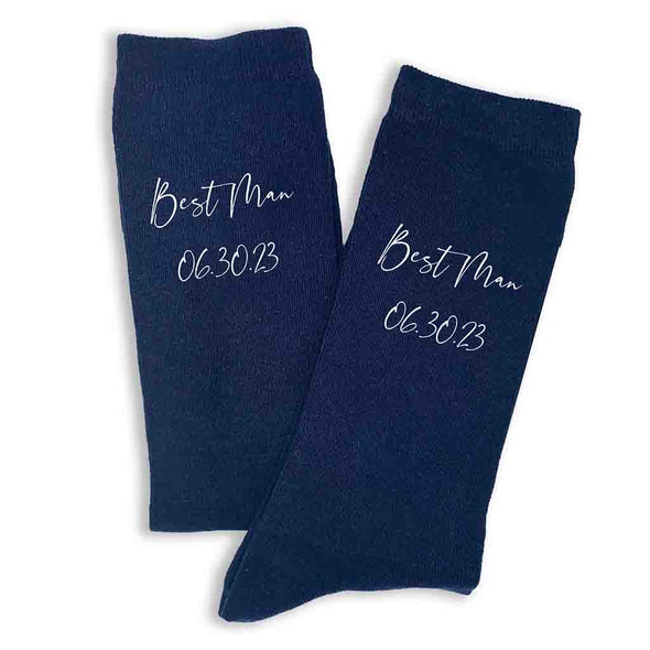 Custom printed wedding role and wedding date digitally printed on the side of the socks.