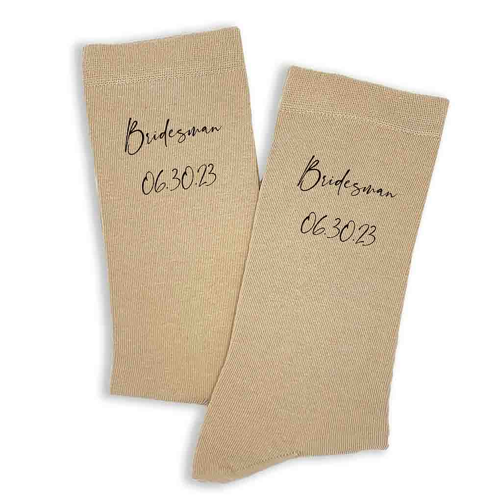Custom printed wedding role and wedding date digitally printed on the side of the socks.