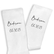 Custom printed wedding role and wedding date digitally printed on the side of the socks.
