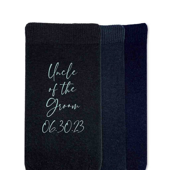 Custom printed socks for the wedding party with script writing with colored ink and wedding date.