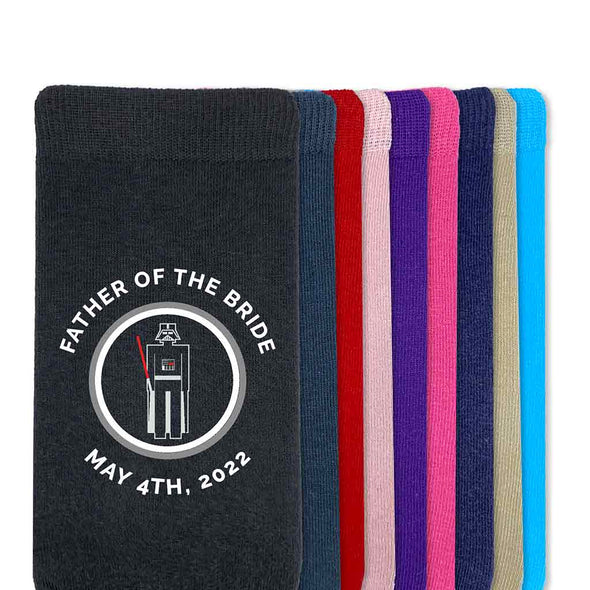 Fun wedding party socks personalized with your wedding date and your favorite Star Wars inspired design with role custom printed on flat knit dress socks. Great groomsmen socks