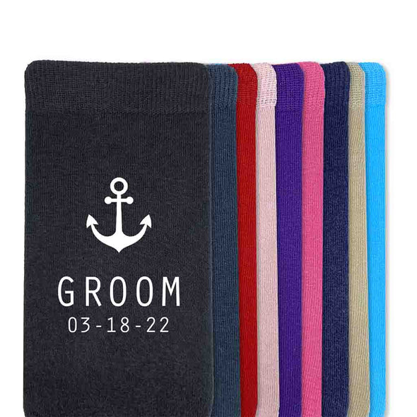 Custom printed wedding party socks personalized with your wedding date and nautical theme design printed on flat knit dress socks.