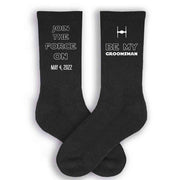 Star Wars inspired groomsmen proposal socks personalized with a wedding date.