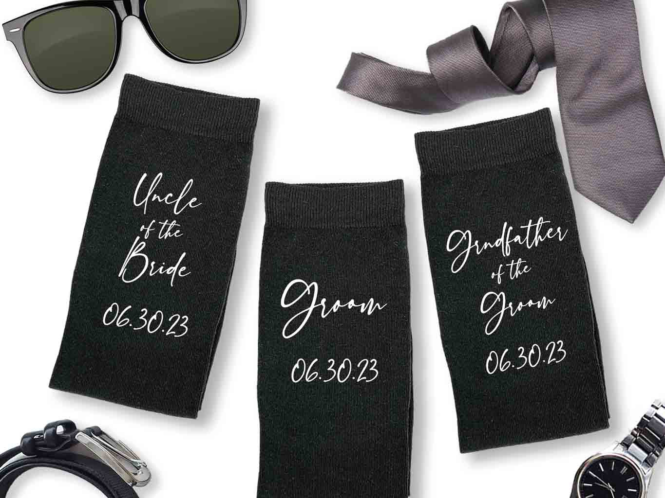 Custom printed wedding role and wedding date digitally printed on the side of the socks.