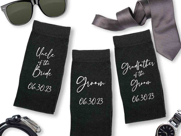 Custom printed wedding role and wedding date digitally printed on the side of the socks.