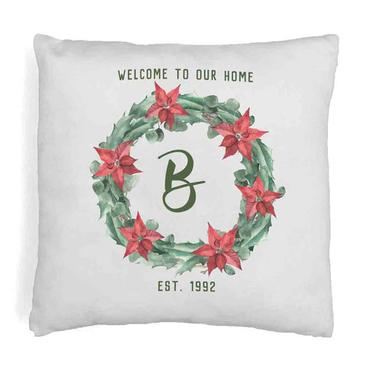 Personalized holiday accent throw pillow for home decor personalized with your year established and initial.