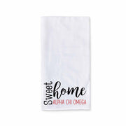 White cotton kitchen towel digitally printed with sweet home alpha chi omega sorority design.