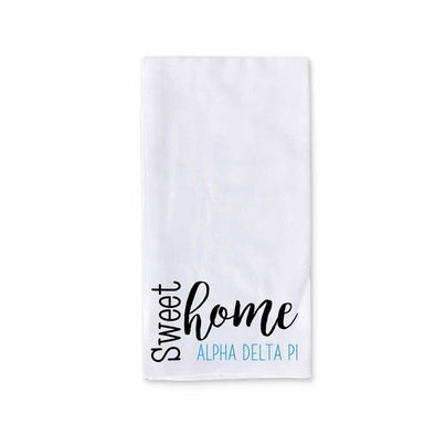 White cotton kitchen towel digitally printed with sweet home Alpha Delta Pi sorority design.