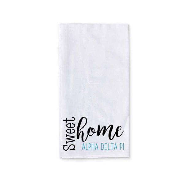 White cotton kitchen towel digitally printed with sweet home Alpha Delta Pi sorority design.