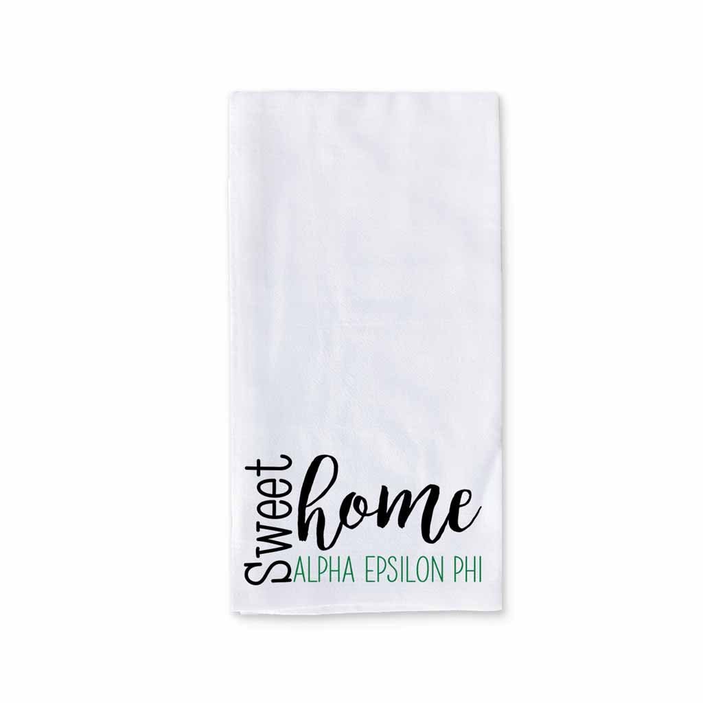 White cotton kitchen towel digitally printed with sweet home Alpha Epsilon Phi sorority design.