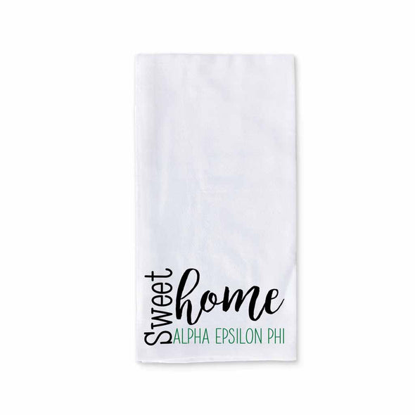 Sweet home Alpha Epsilon Phi sorority design custom printed on white cotton ringspun cotton kitchen dishtowel.