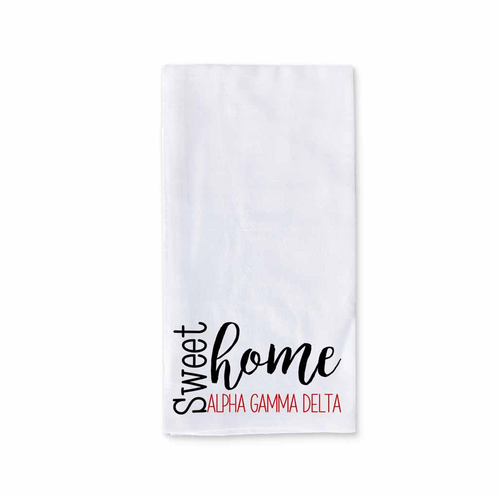 White cotton kitchen towel digitally printed with sweet home Alpha Gamma Delta sorority design.