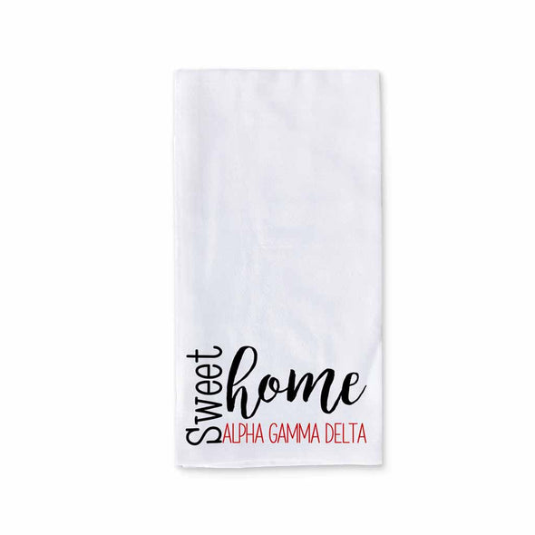 White cotton kitchen towel digitally printed with sweet home Alpha Gamma Delta sorority design.