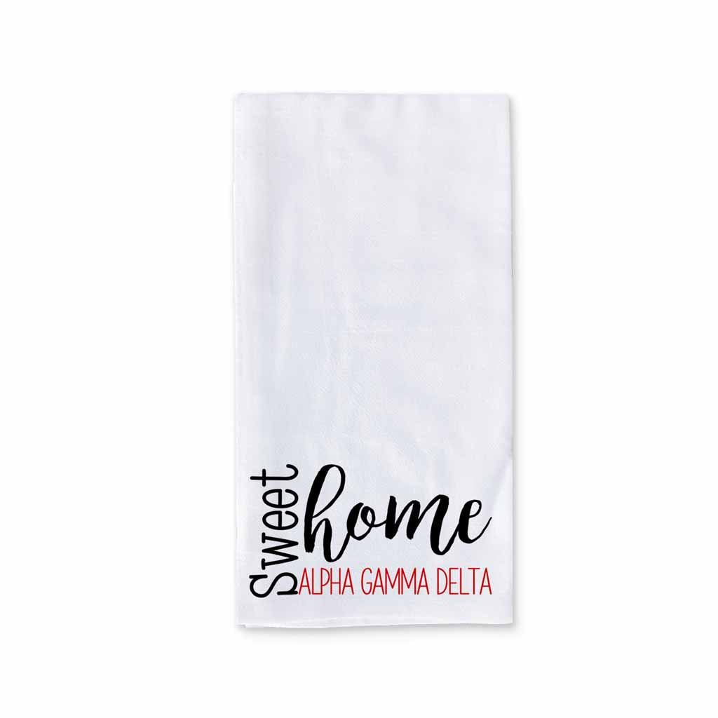 Sweet home Alpha Gamma Delta sorority design custom printed on white cotton ringspun cotton kitchen dishtowel.