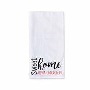 White cotton kitchen towel digitally printed with sweet home Alpha Omicron Pi sorority design.