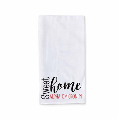White cotton kitchen towel digitally printed with sweet home Alpha Omicron Pi sorority design.
