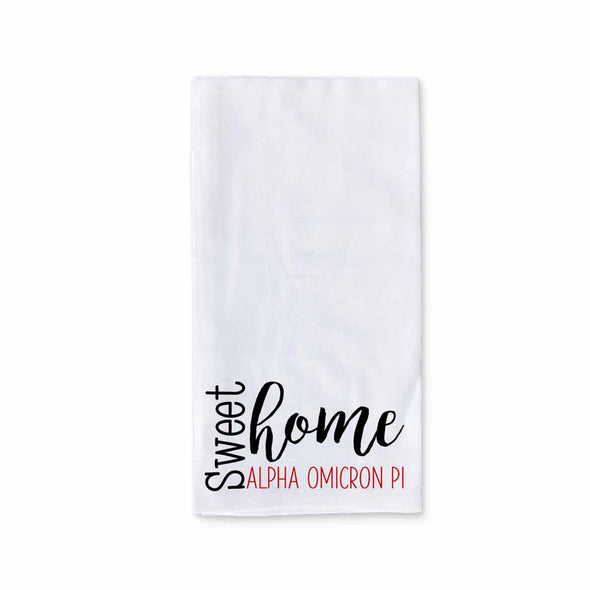 White cotton kitchen towel digitally printed with sweet home Alpha Omicron Pi sorority design.