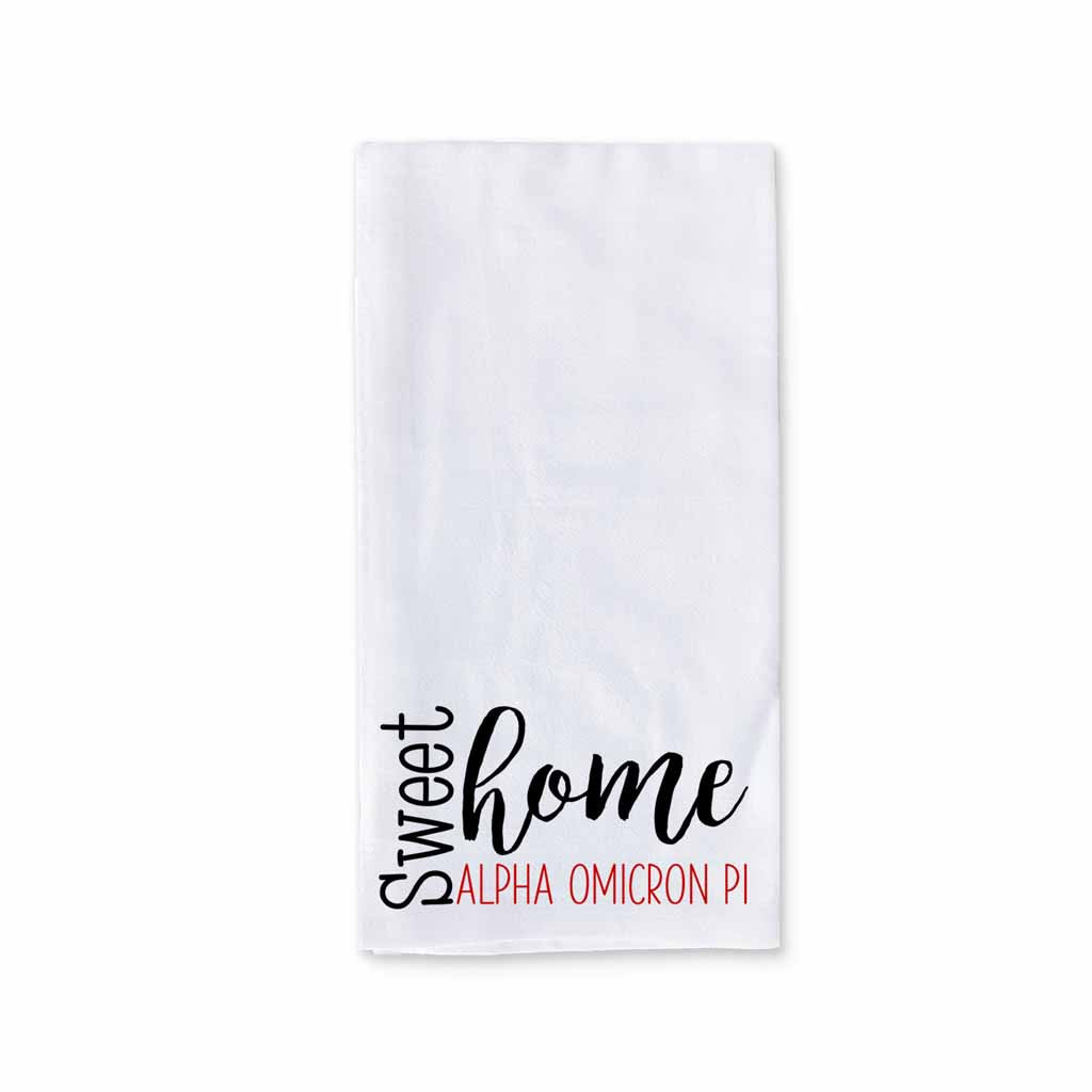 Sweet home Alpha Omicron Pi sorority design custom printed on white cotton ringspun cotton kitchen dishtowel.