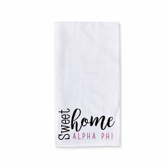 White cotton kitchen towel digitally printed with sweet home Alpha Phi sorority design.