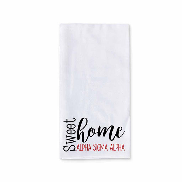 Sweet home Alpha Sigma Alpha sorority design custom printed on white cotton ringspun cotton kitchen dishtowel.