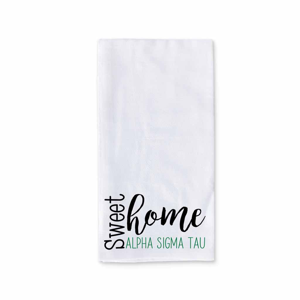 White cotton kitchen towel digitally printed with sweet home Alpha Sigma Tau sorority design.