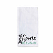 White cotton kitchen towel digitally printed with sweet home Alpha Sigma Tau sorority design.