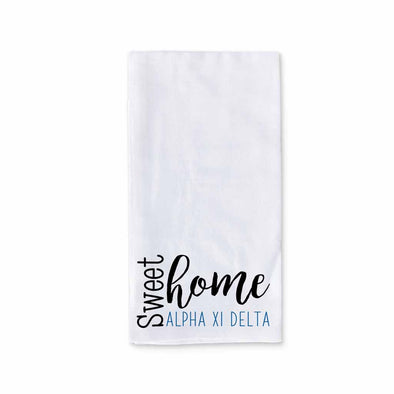 White cotton kitchen towel digitally printed with sweet home Alpha Xi Delta sorority design.
