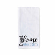 Sweet home Alpha Xi Delta sorority design custom printed on white cotton ringspun cotton kitchen dishtowel.