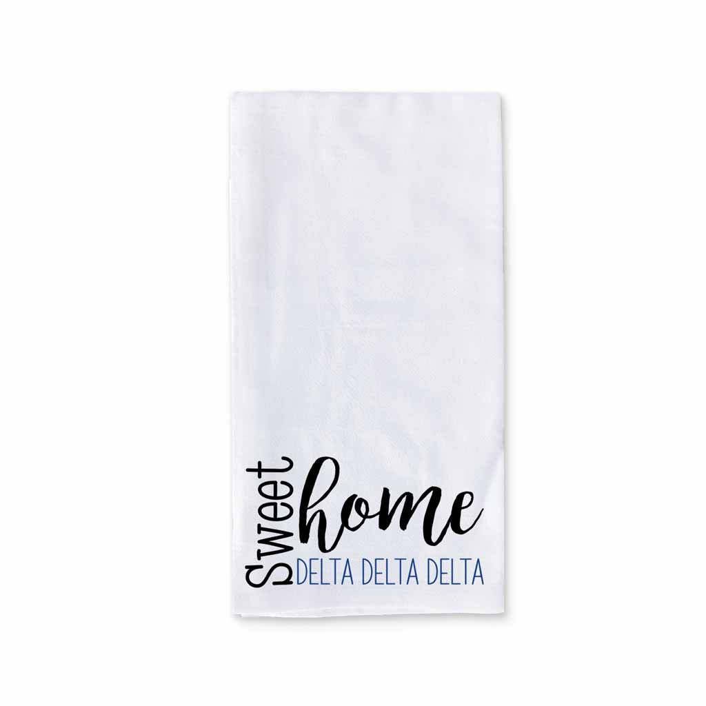 White cotton kitchen towel digitally printed with sweet home Tri Delta sorority design.