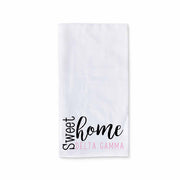 White cotton kitchen towel digitally printed with sweet home Delta Gamma sorority design.