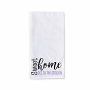 White cotton kitchen towel digitally printed with sweet home Delta Phi Epsilon sorority design.